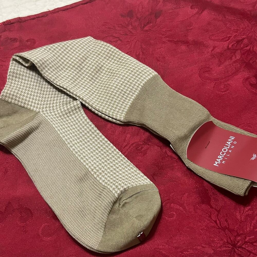 Marcoliani Milano Cotton Dress Socks Mens US 8-11 EUR 41 BeigeHoundstooth